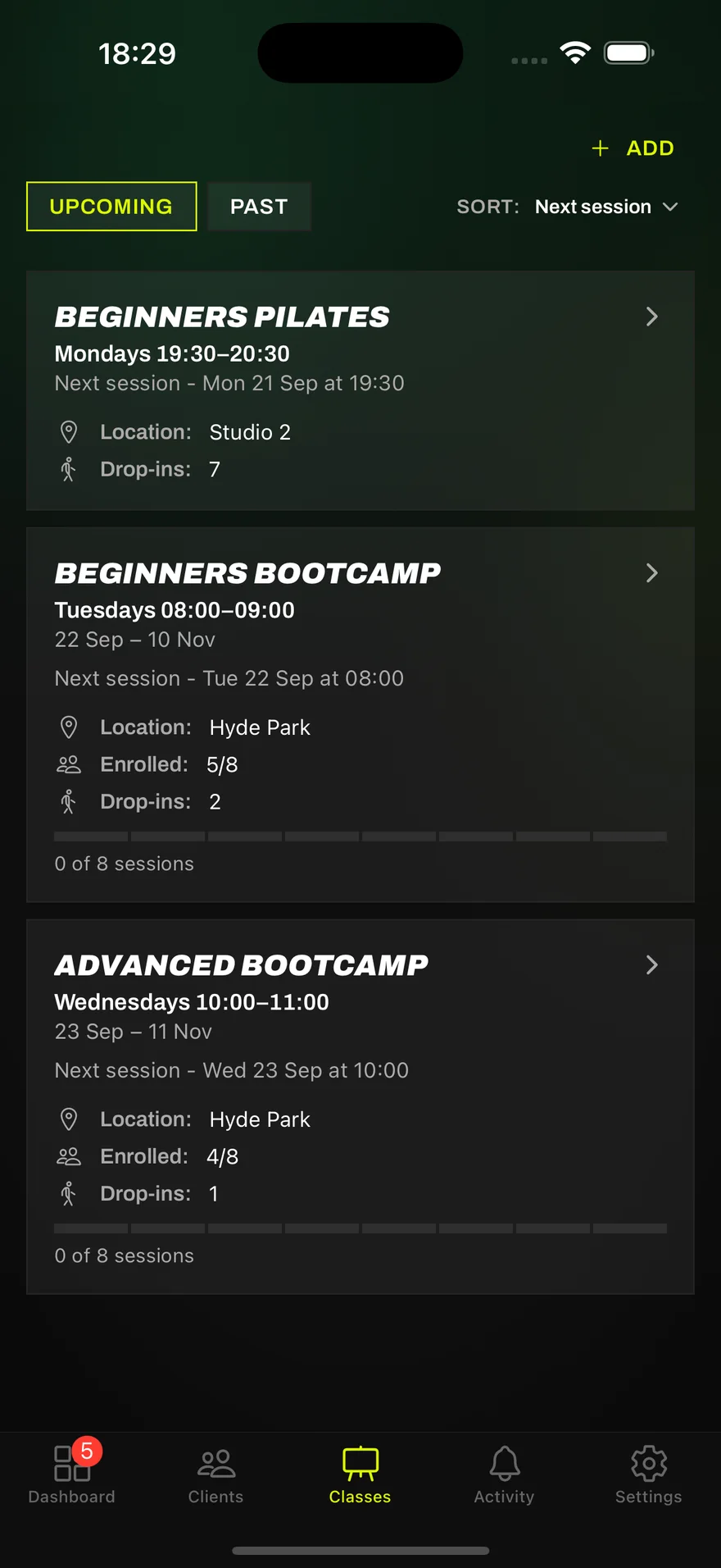 Seshman class list showing weekly classes and courses with enrolment and drop-ins