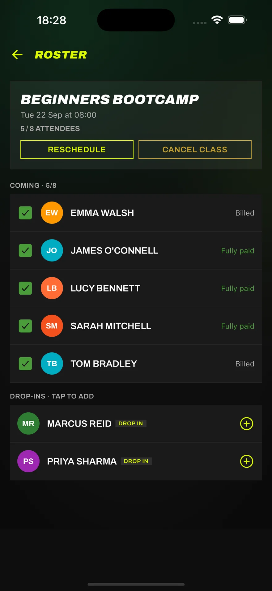 A class roster with attendees ticked, their payment state, and drop-ins ready to add
