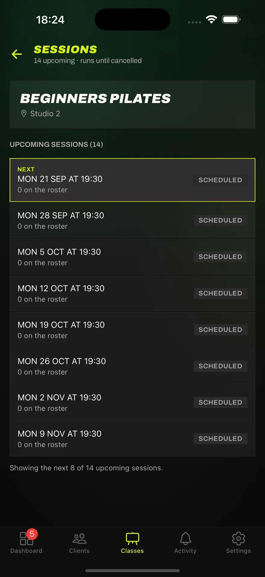 The upcoming sessions of a weekly class, all scheduled, running until cancelled