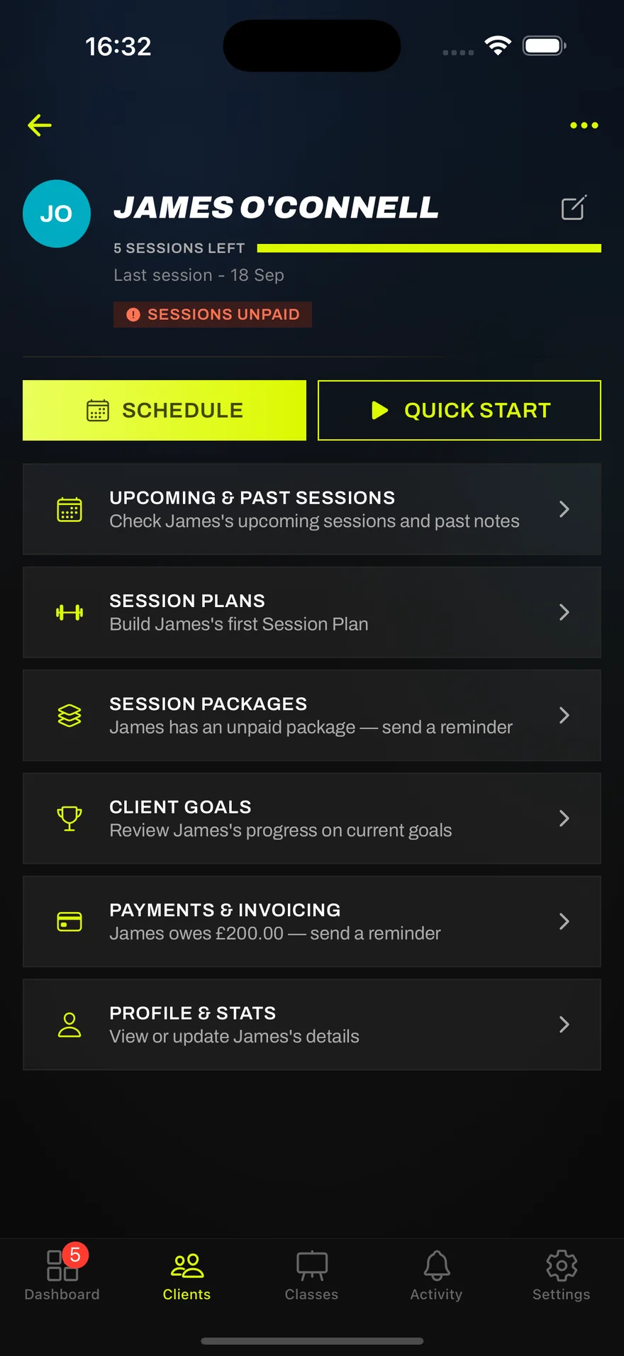 A client's page in Seshman: sessions left, schedule and quick start, and sections for plans, packages, goals, payments and profile