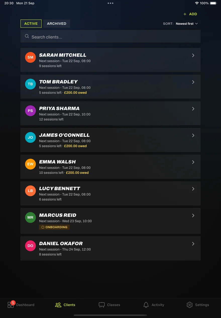 Seshman client list showing sessions left and amounts owed