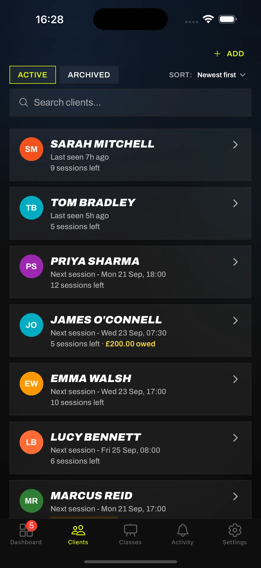 Seshman client list showing sessions left and amounts owed
