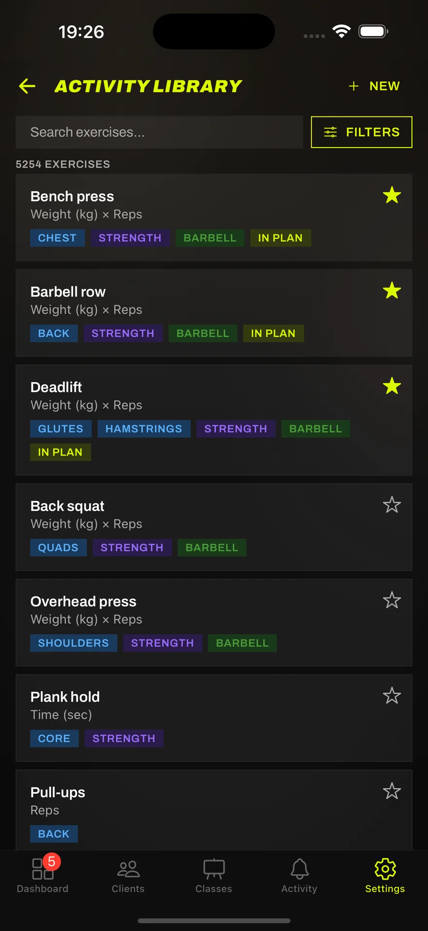 The Seshman activity library, exercises tagged by muscle group, type and equipment
