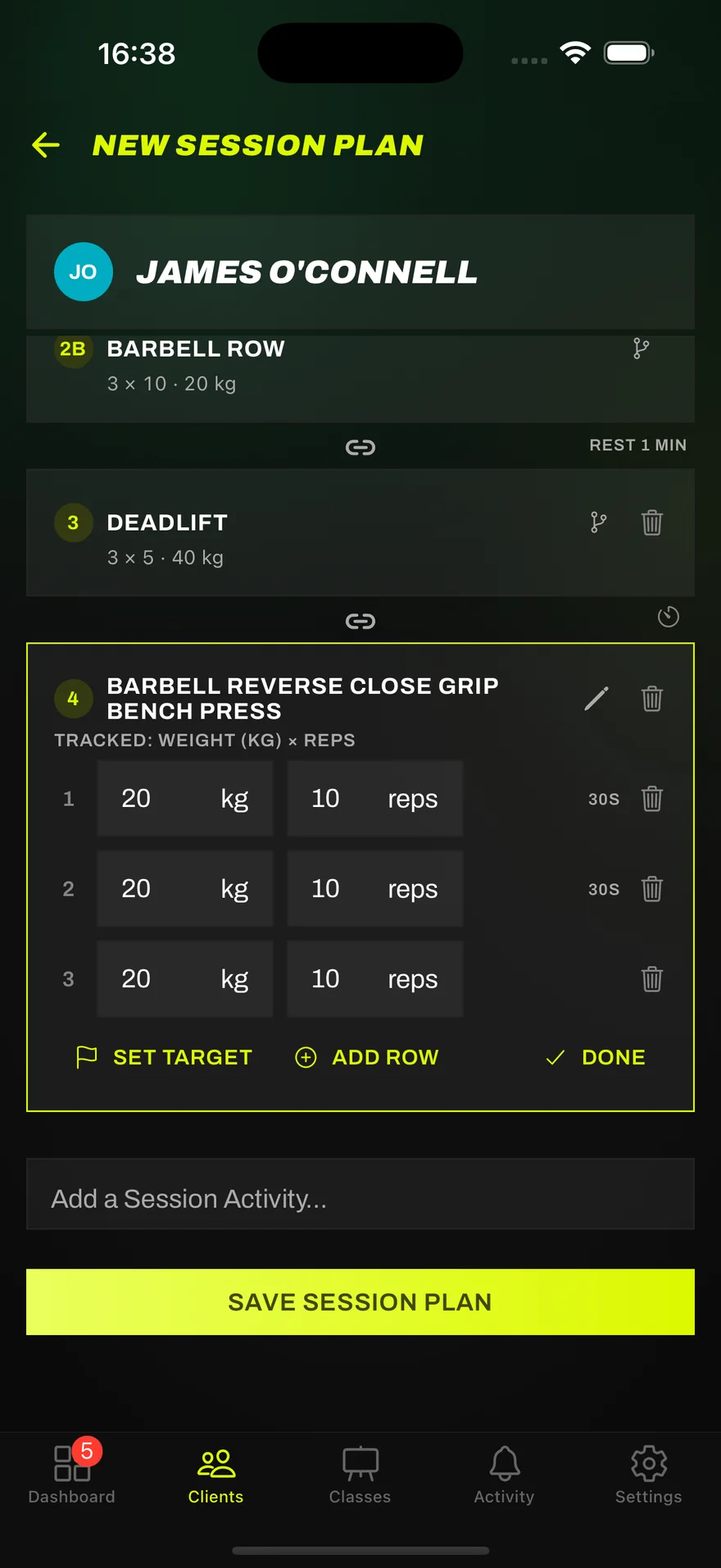Building a session plan in Seshman, with a superset, rests and sets of weight and reps