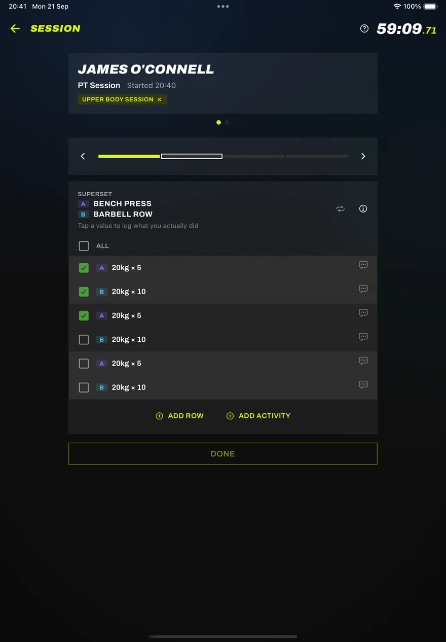 Running a session plan in Seshman, with the timer running and sets ticked off