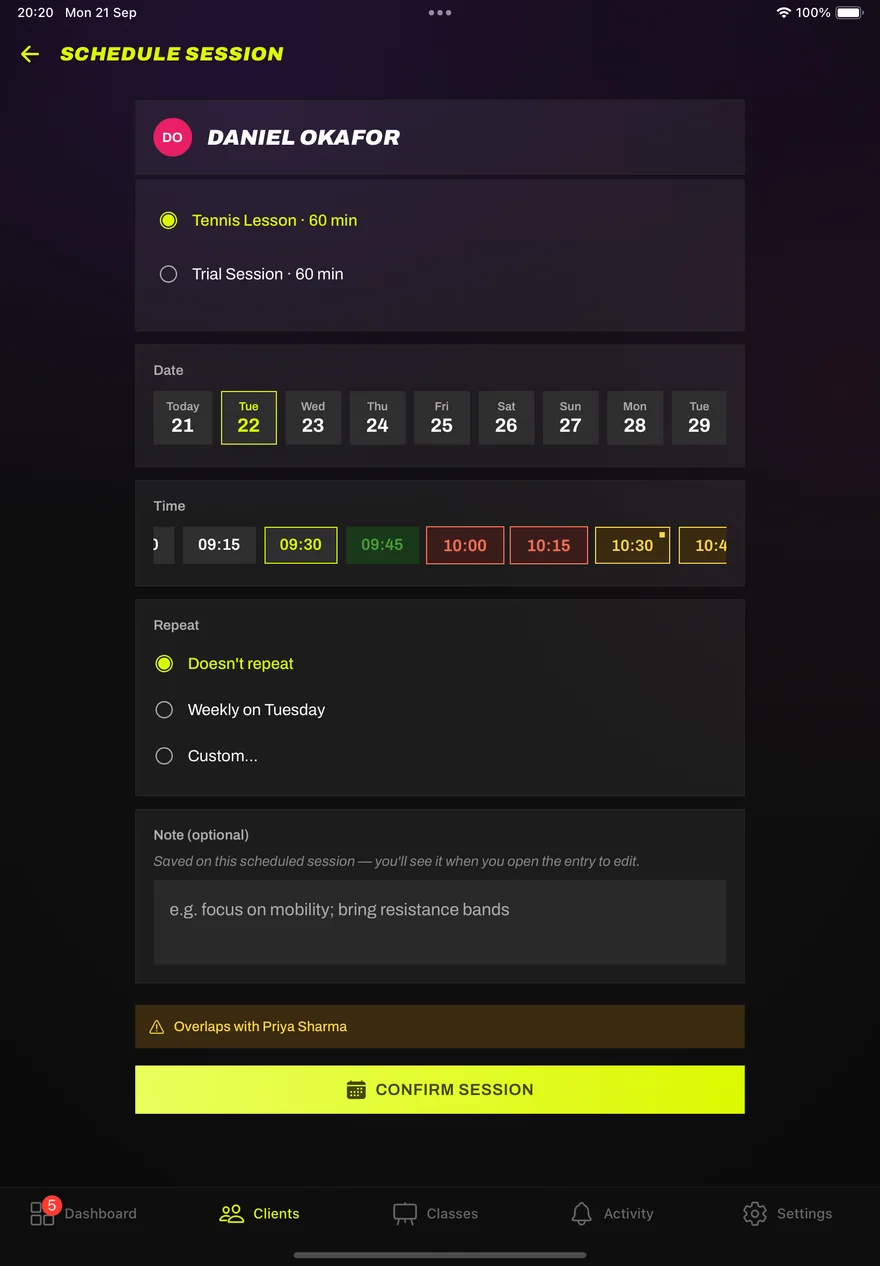 Scheduling a session in Seshman: time slots with busy ones marked and an overlap warning