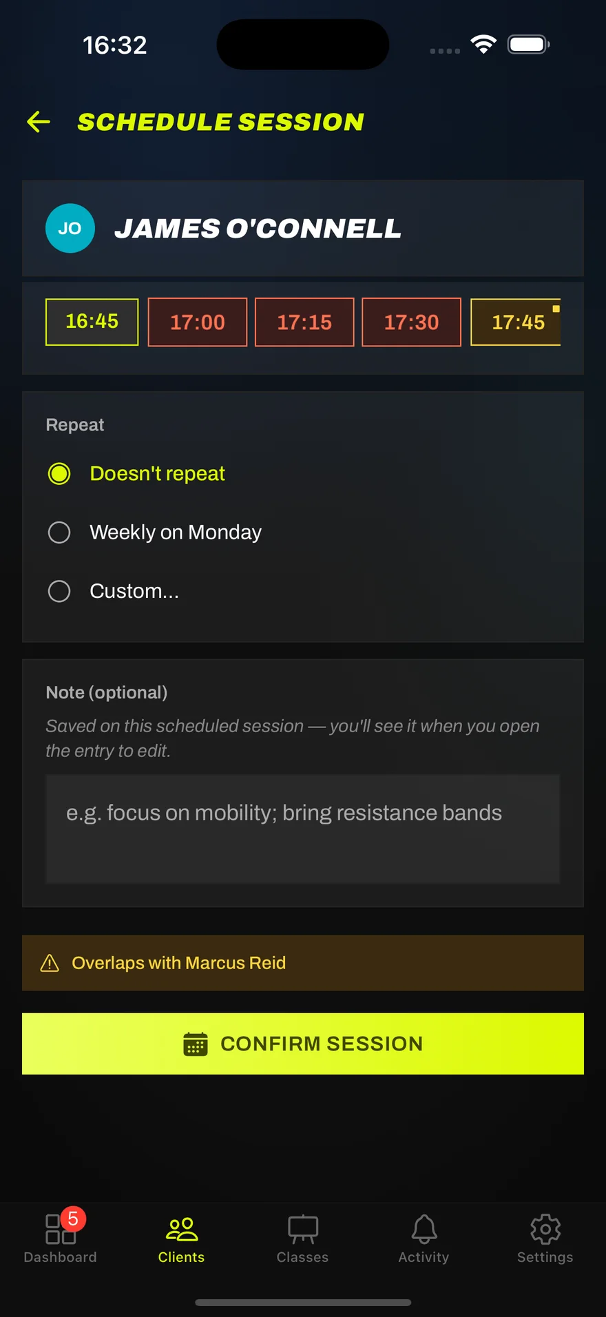 Scheduling a session in Seshman: time slots with busy ones marked and an overlap warning